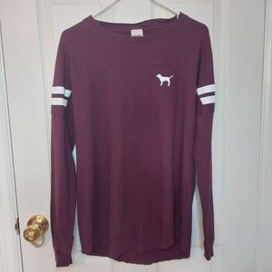 PINK Victoria's Secret Maroon Campus Stripe Long Sleeve Cut Out Back Top Size XS